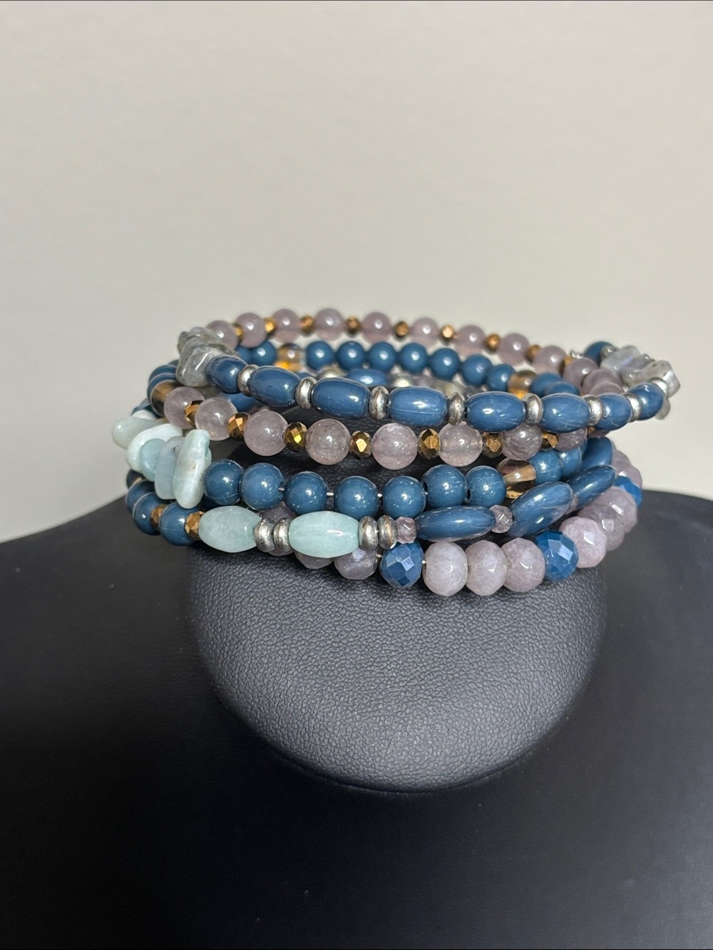 Mixed Stone Acrylic Beaded Multi-Strand Blue Lavender Wrap Bracelet Boho
